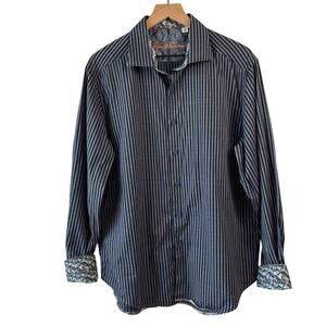 Robert Graham Mens Shirt Blue‎ Gray Black XL Flip Cuff Striped Business Casual